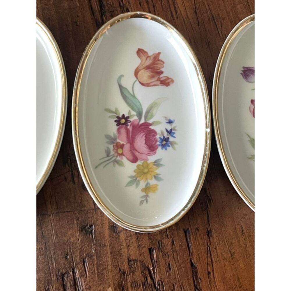 Danmark Porcelain Denmark Floral Trinket Dishes Set of 3 Gold Rim Oval Ring Dish - Picture 7 of 9